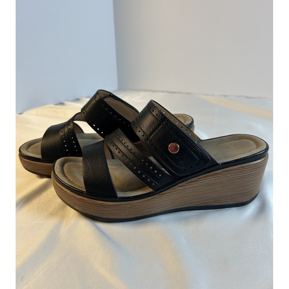 Patrizia Women's Wedge Sandals Black Size 38 7.5-8 Open Toe Slip On Comfortable